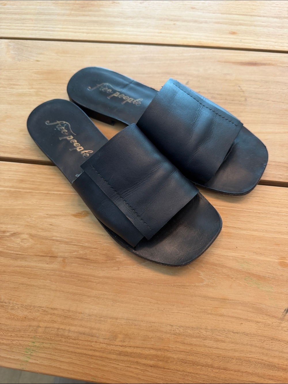 Free People Black Leather Wide-Strap Slide Sandals